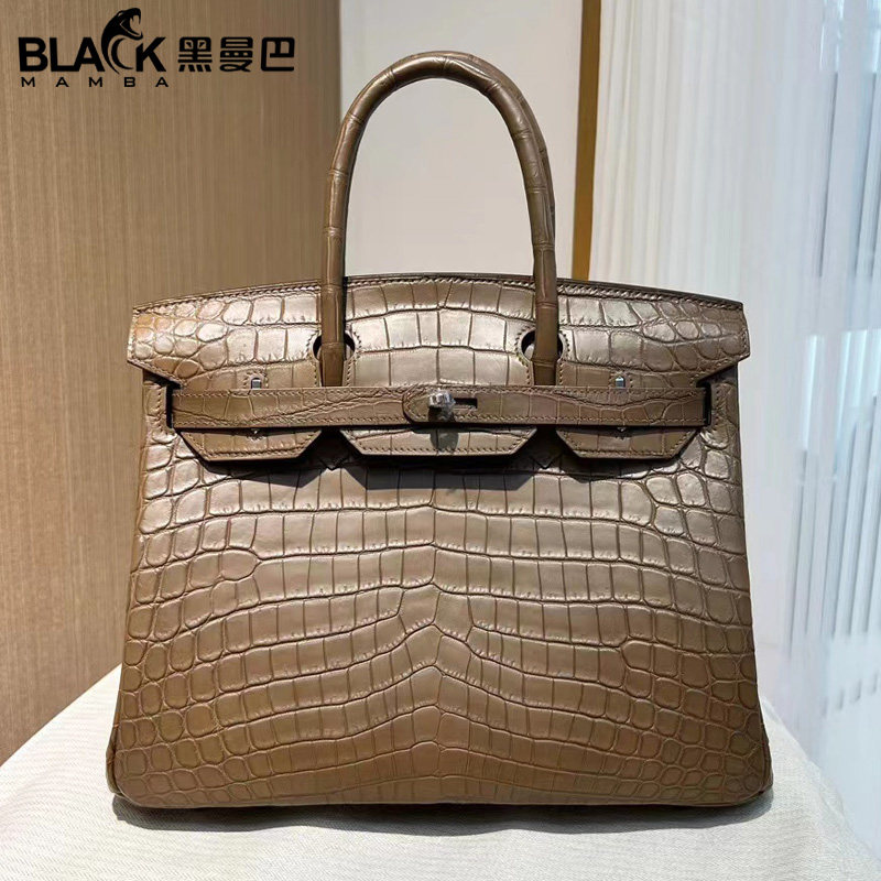哑光尼罗鳄鱼皮雾面大象灰BK铂金30CM女士手提包手工缝银扣大容量