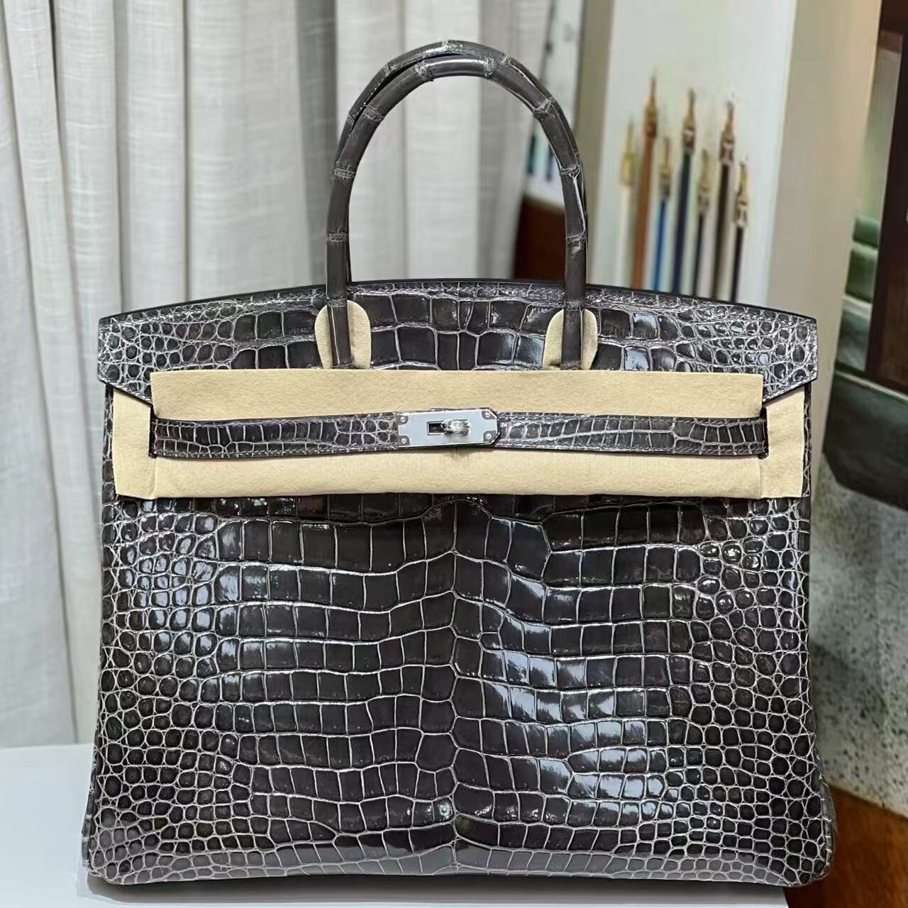 石墨灰进口高光湾鳄鳄鱼皮BK铂金包35大号女士手提包纯手工倒V