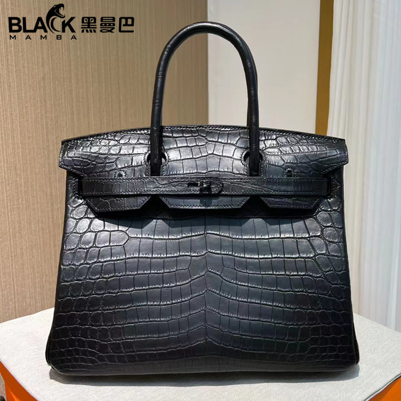 雾面尼罗鳄鱼皮黑扣手工缝BK铂金包30CM女士手提包哑光时尚高档