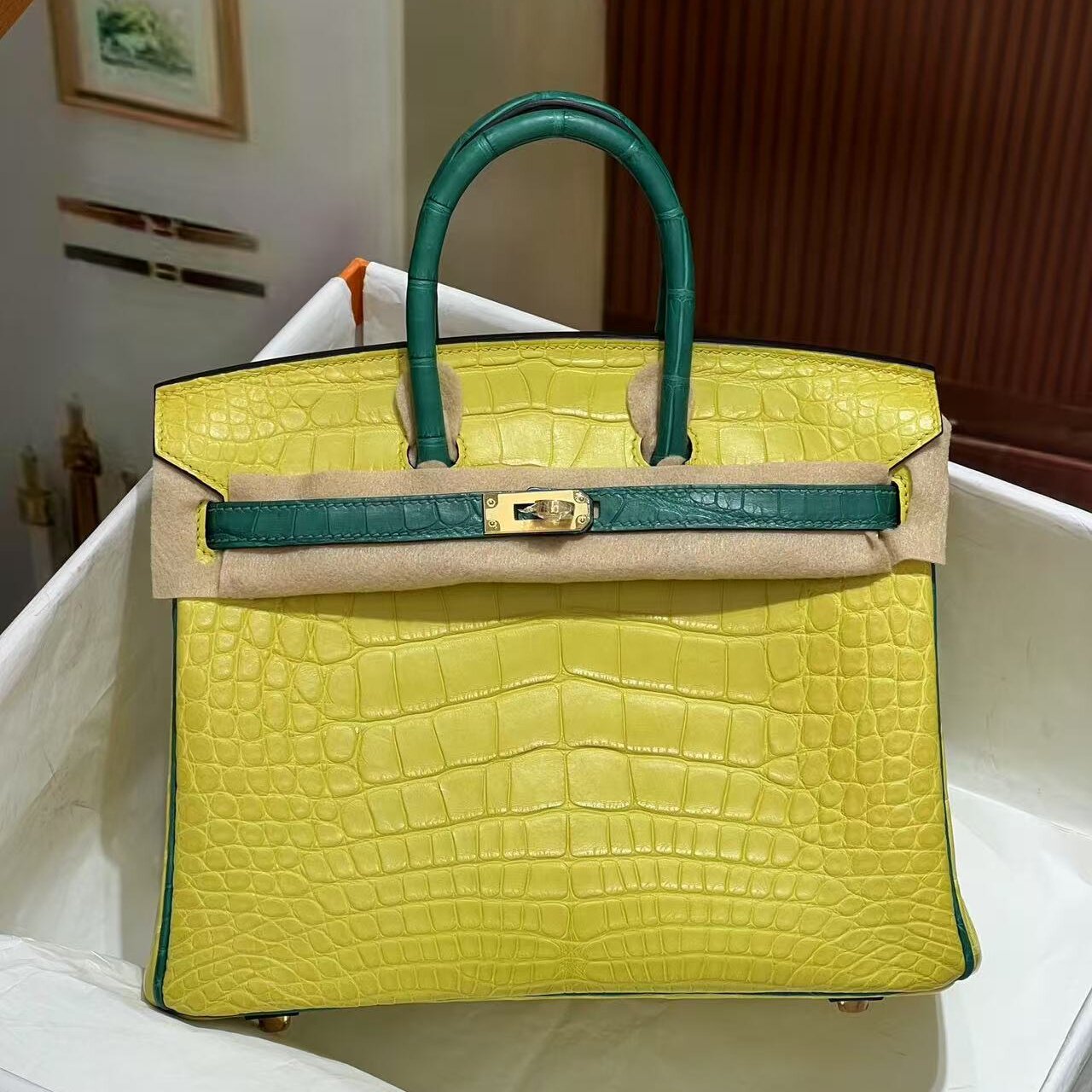 进口雾面方块美洲鳄鱼皮拼色BK铂金包25CM女士手提包全手工女包