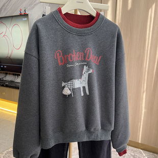 宽松圆领卫衣女秋冬季2026新款宽松加绒加厚懒惰风套头打底衫春秋