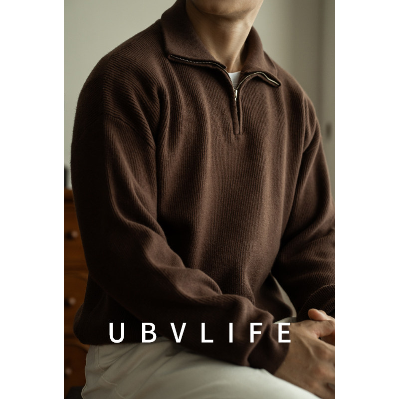 UBV重磅14针抗起球半拉链立领翻领针织衫男士2025秋冬季厚毛衣男