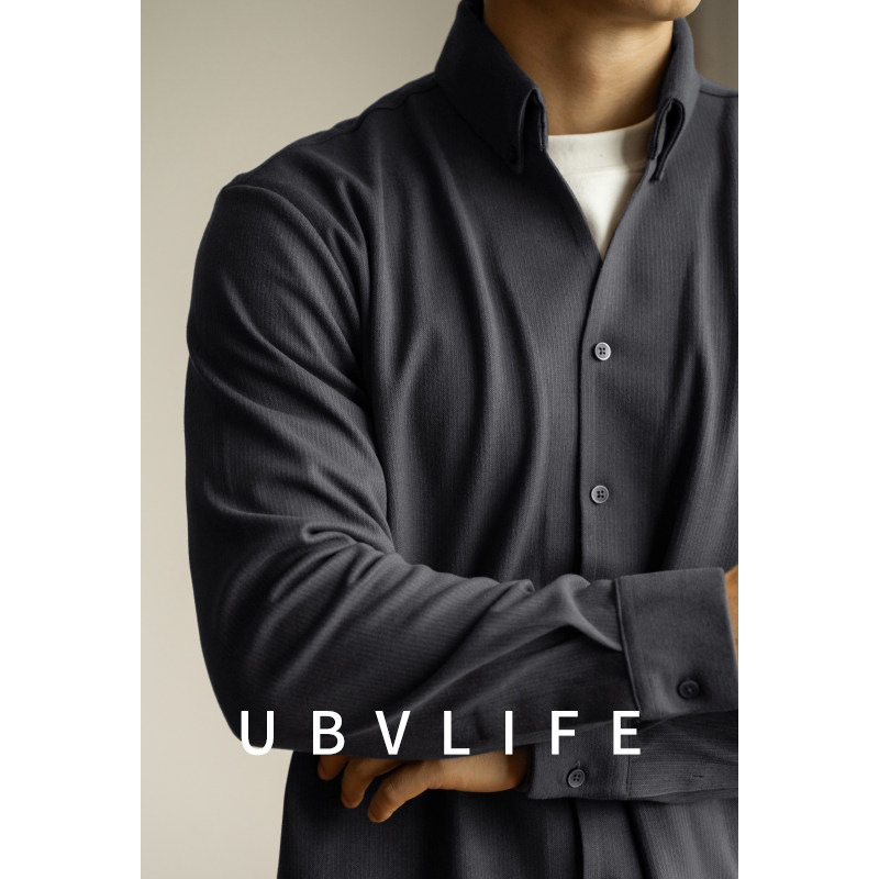 UBV零压无痕触感毛呢绒小V领长袖衬衫男2025秋冬加厚休闲宽松衬衣