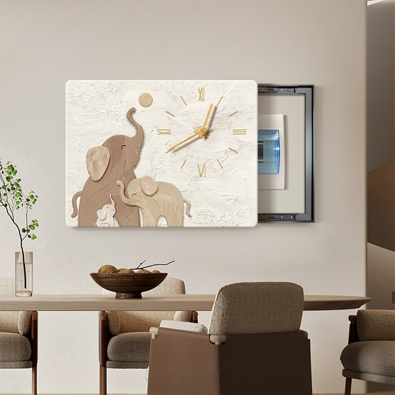 现代轻奢电表箱装饰画 画带钟表侘寂风大象开 关配电箱画 画遮挡