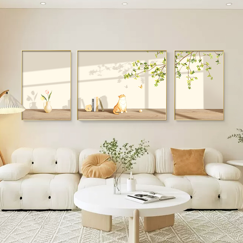 北欧绿植客厅挂画小清新光影原木奶油风三联壁画沙发背景墙装饰画