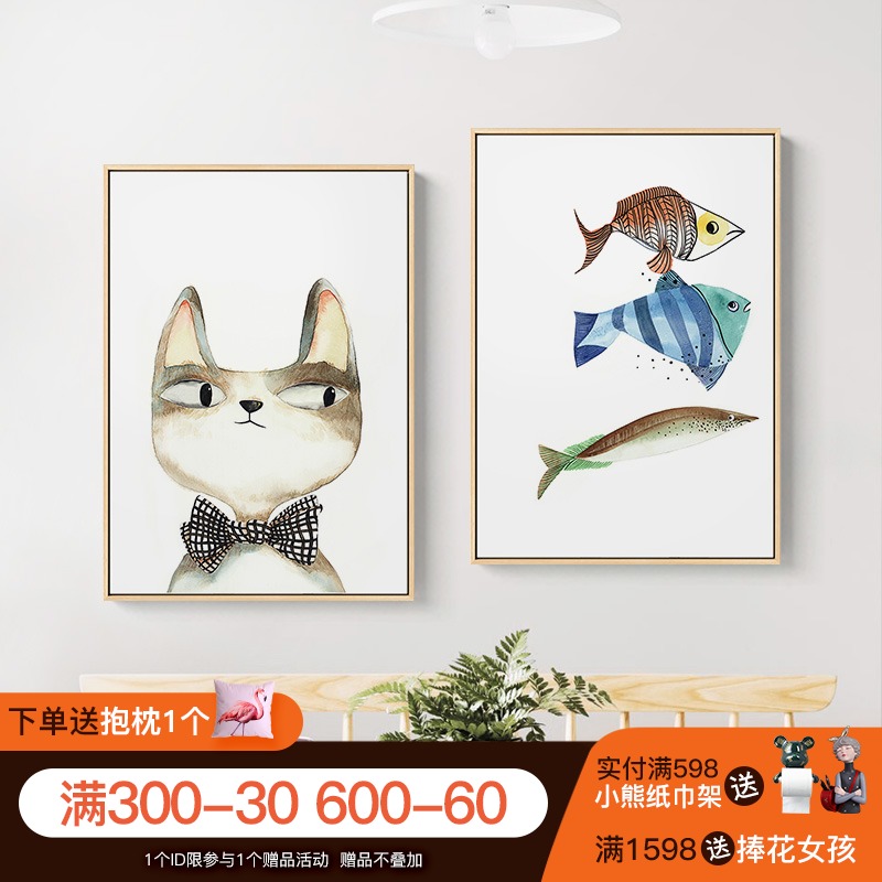 猫和鱼简约餐厅北欧猫咪小清新挂画