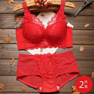 本命年春节圣诞喜庆大红内衣女无钢圈收副乳胸罩性感蕾丝聚拢文胸