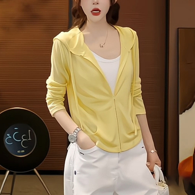 假两件拼接连帽黄色防晒衣女