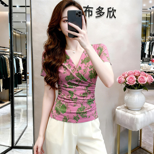 欧货交叉V领网纱短袖T恤女
