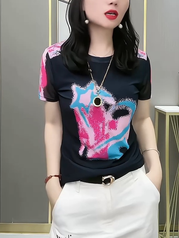 欧站女款网纱t恤女印花短袖