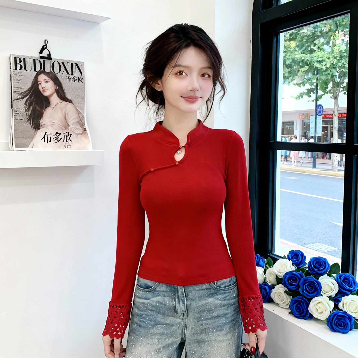 新中式斜扣立领绒质打底衫女秋冬设计感国风新年红色毛衣内搭上衣,女装/女士精品,大码内搭,淘宝优惠券,粉丝福利购,淘宝优惠卷