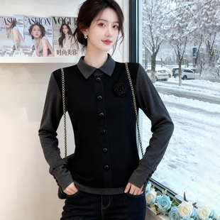 秋冬新款双面绒设计感翻领时尚气质洋气百搭拼接减龄上衣女士绒衫