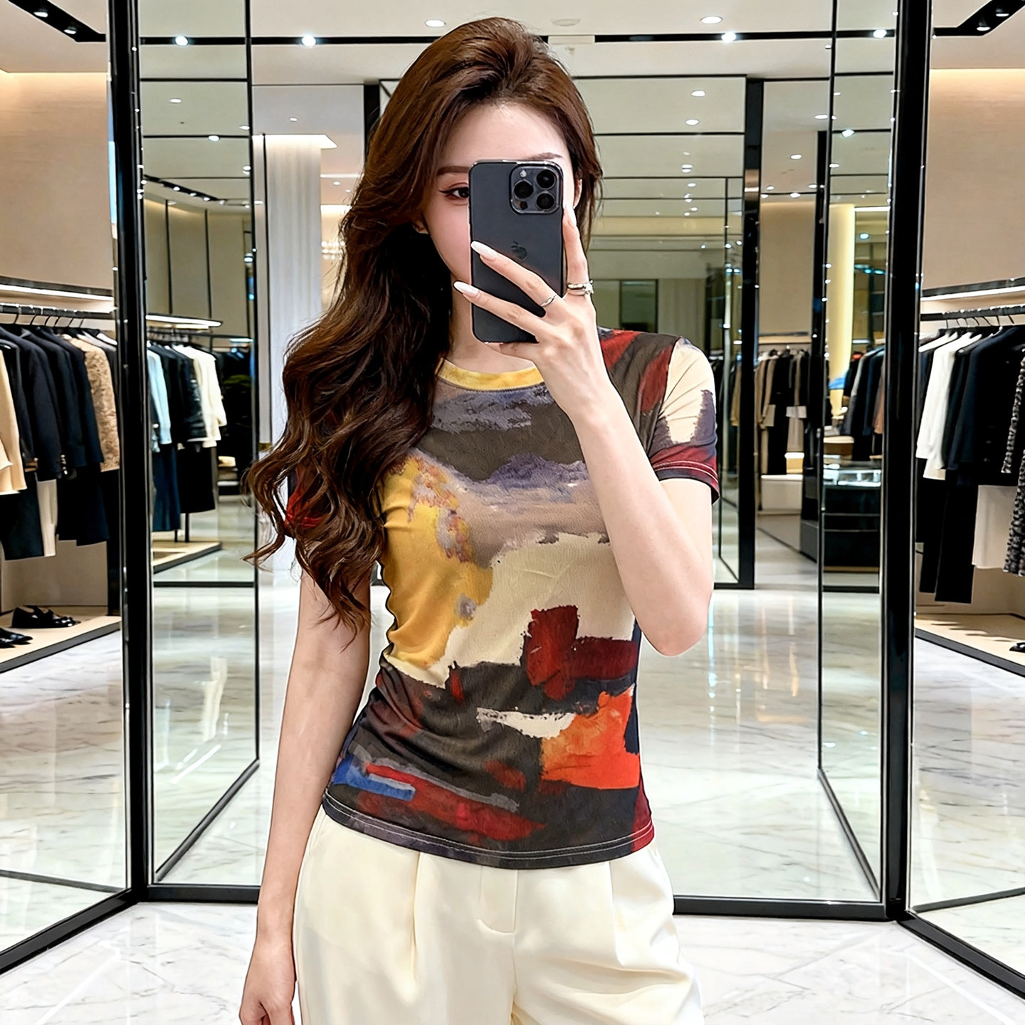 复古扎染印花薄款网纱短袖T恤女2026春夏新款时尚百搭显瘦打底衫