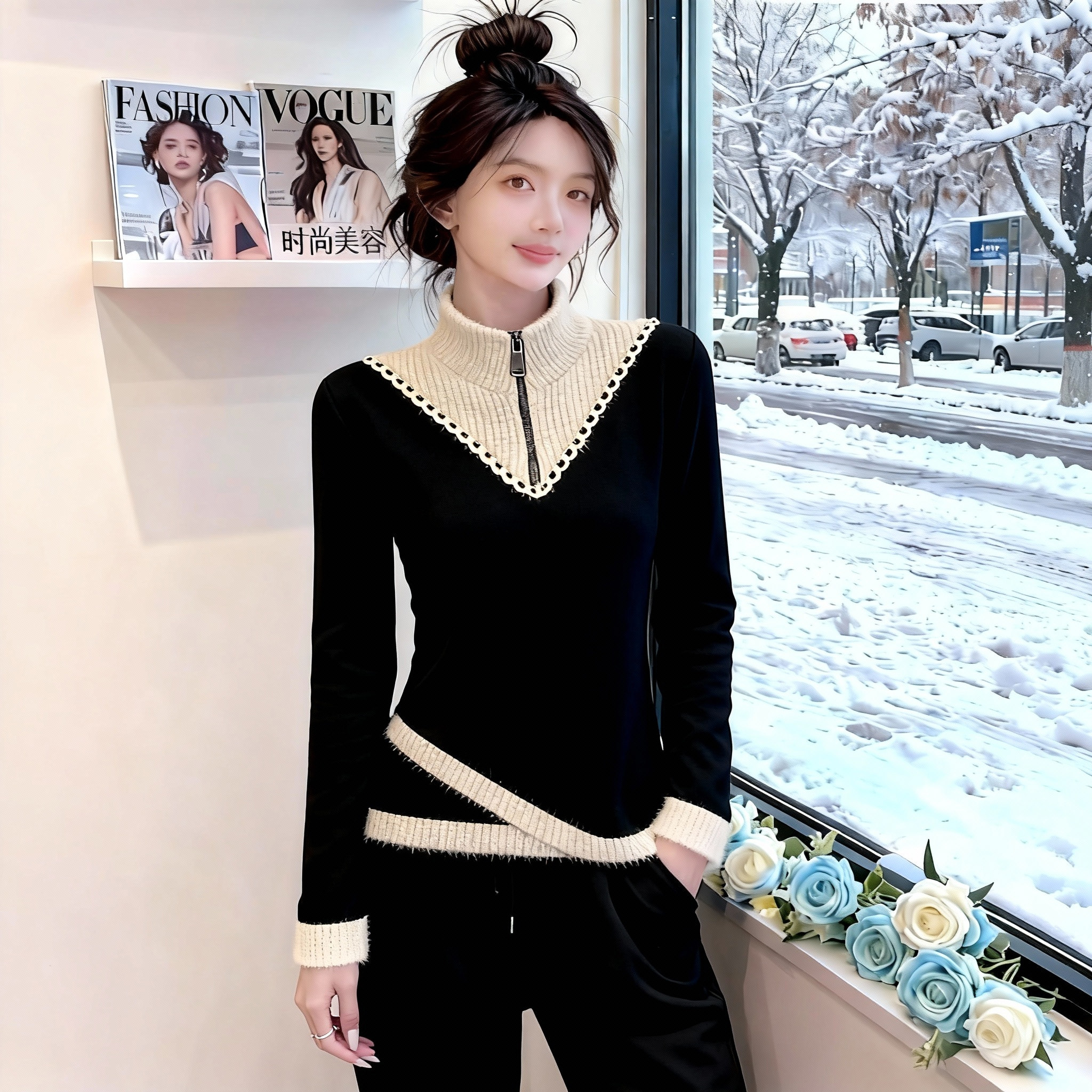 韩版ins半拉链立领撞色假两件针织衫冬季新款气质百搭打底衫上衣,女装/女士精品,大码内搭,淘宝优惠券,粉丝福利购,淘宝优惠卷