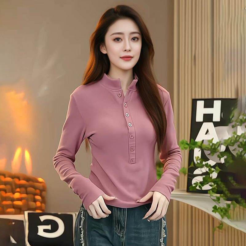 粉红色立领长袖T恤秋装女款2024年新款小香风内搭打底衫上衣,女装/女士精品,大码内搭,淘宝优惠券,粉丝福利购,淘宝优惠卷