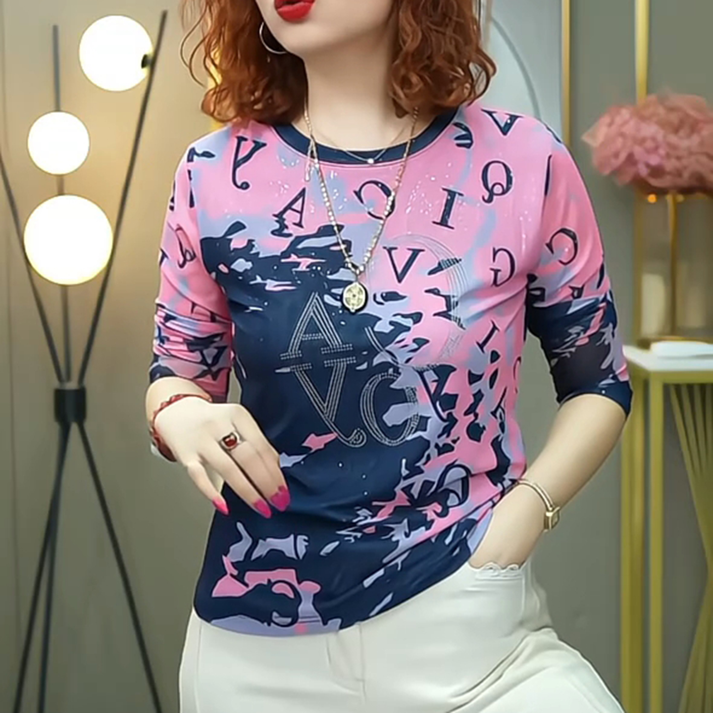 撞色字母百搭圆领短袖T恤上衣