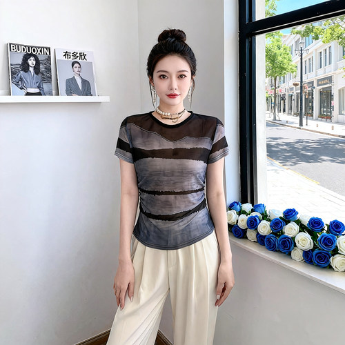 布多欣条纹网纱短袖T恤女夏透气