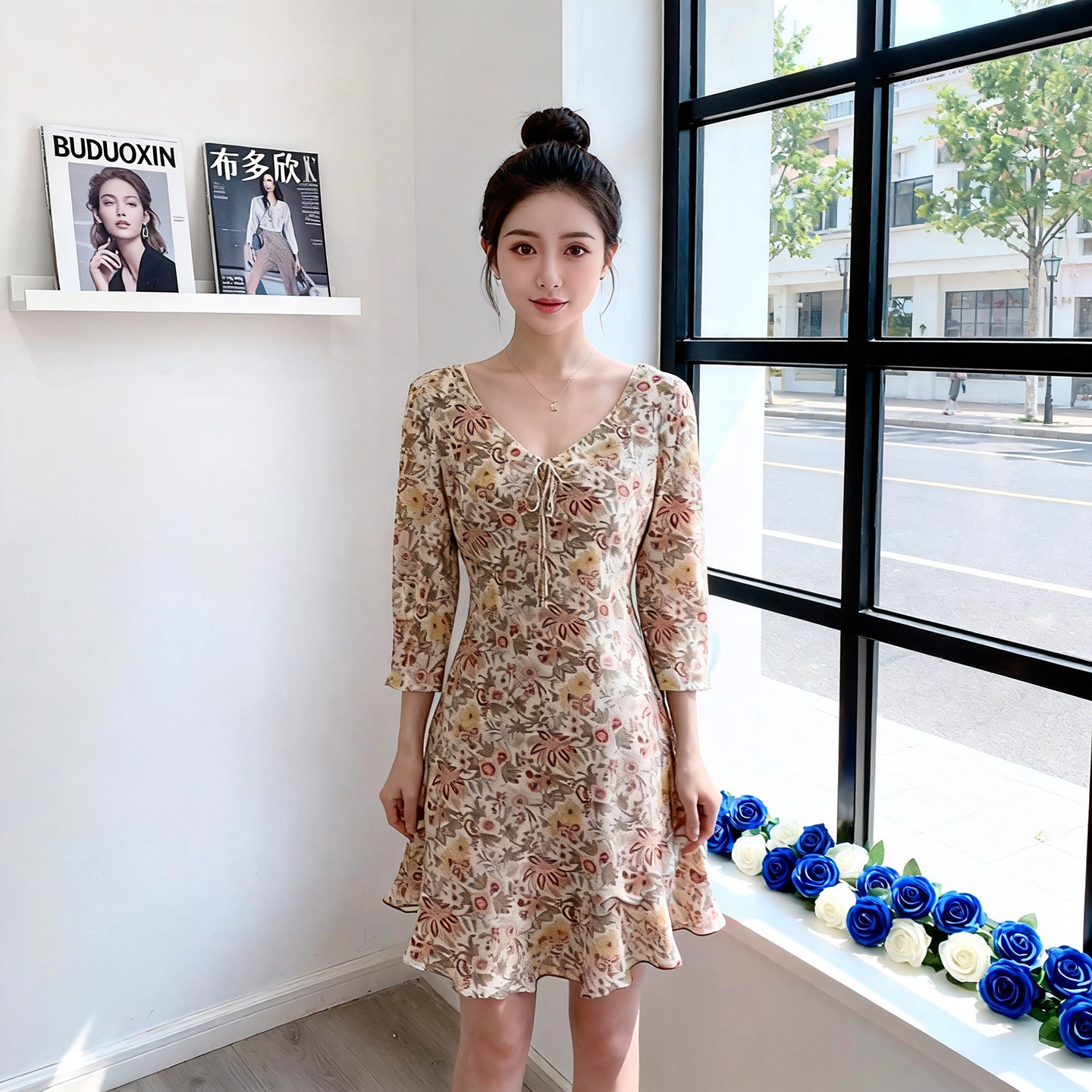韩版复古田园风V领绑带碎花连衣裙女夏收腰中长裙小个子显瘦裙子