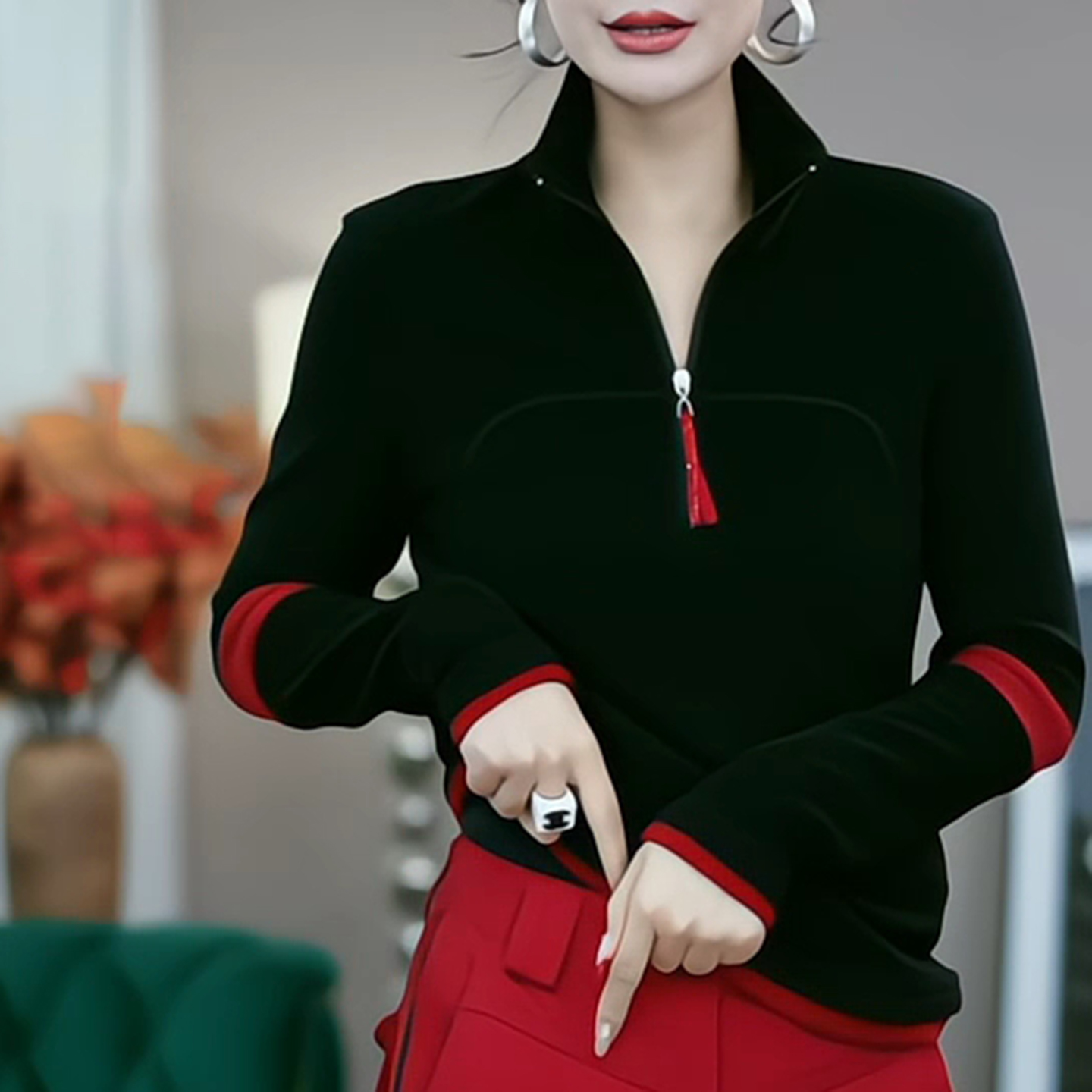 双面德绒半拉链立领打底衫女