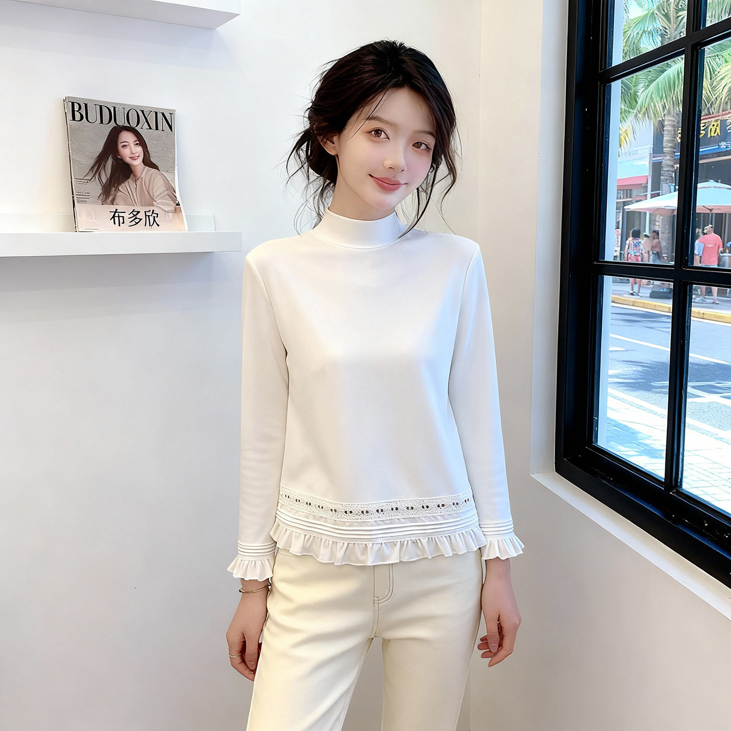 春季新款荷叶边镂空花边半高领长袖T恤女宽松显瘦双面绒打底上衣,女装/女士精品,大码内搭,淘宝优惠券,粉丝福利购,淘宝优惠卷