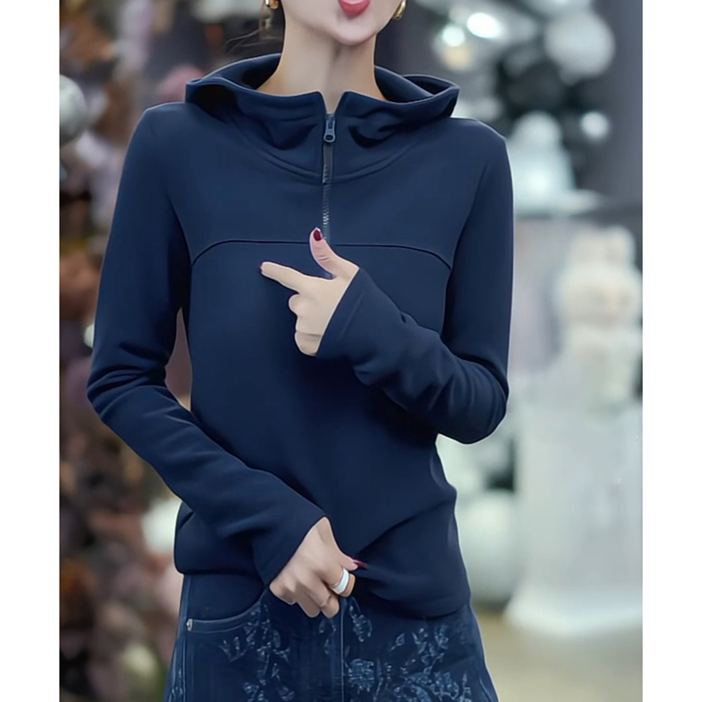 双面澳绒半拉链连帽卫衣女