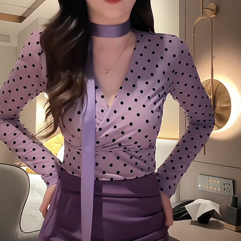 波点网纱修身上衣女夏季