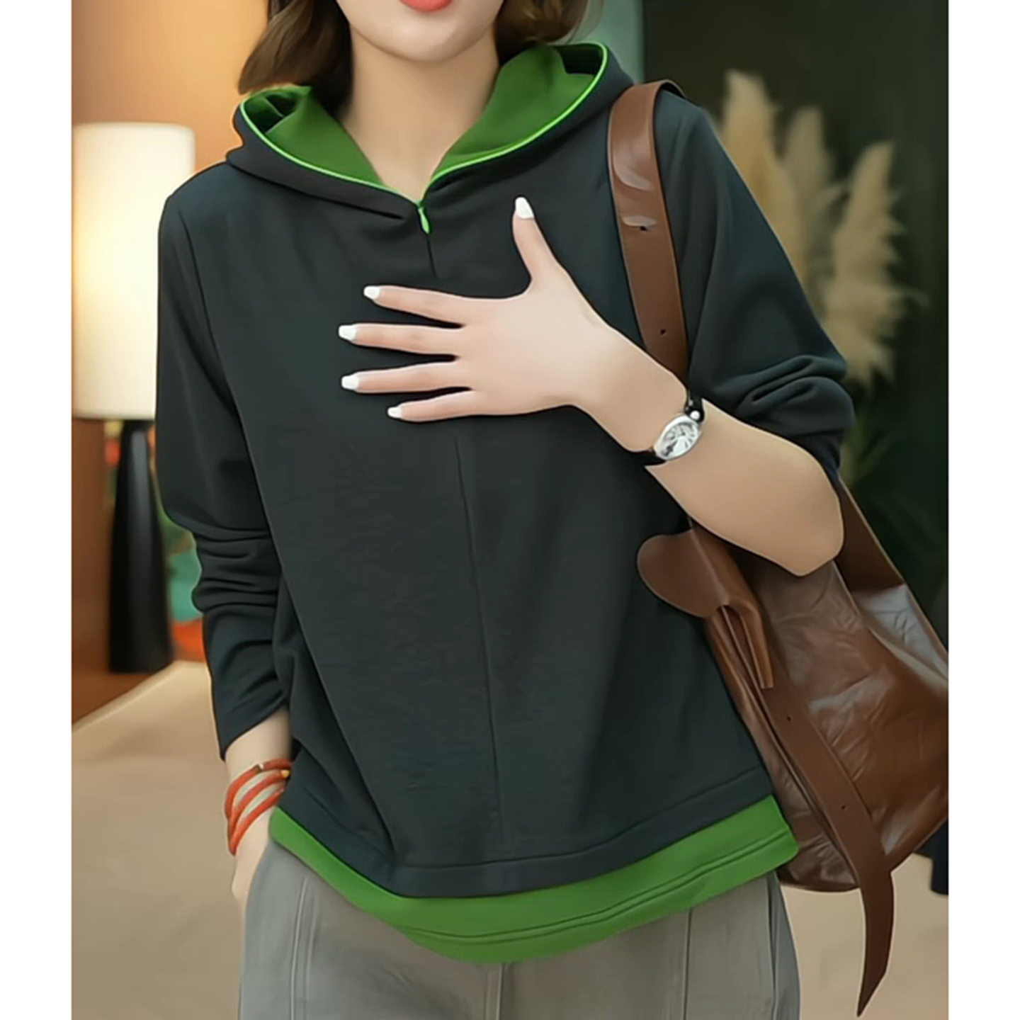 半拉链拼色连帽卫衣女秋季