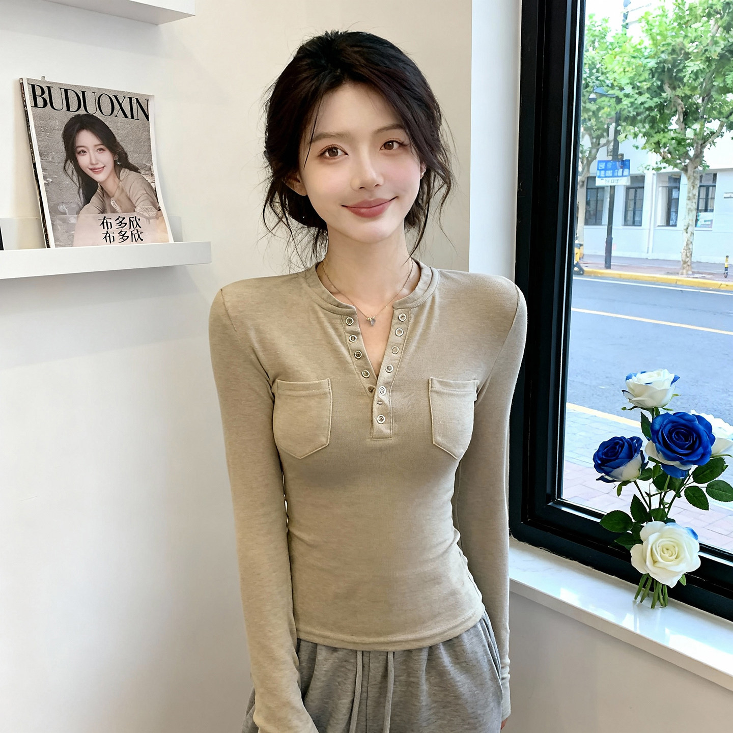 布多欣亨利领长袖T恤女大码内搭修身口袋针织上衣,女装/女士精品,大码内搭,淘宝优惠券,粉丝福利购,淘宝优惠卷