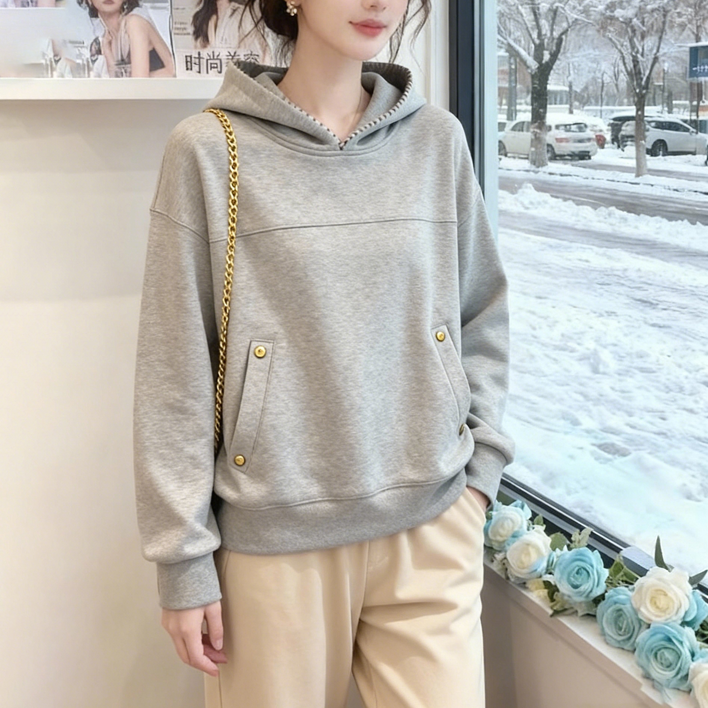 韩系宽松连帽卫衣灰色金属扣
