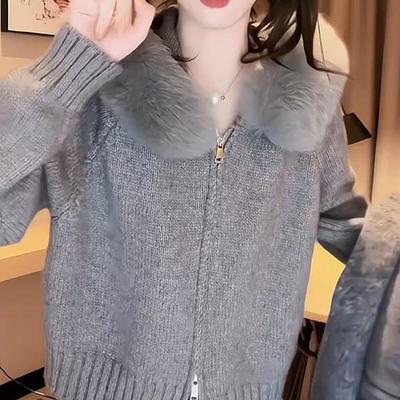 2025冬大毛领灰色双拉链毛衣外套