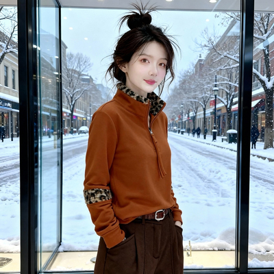 布多欣双面绒豹纹显瘦打底衫