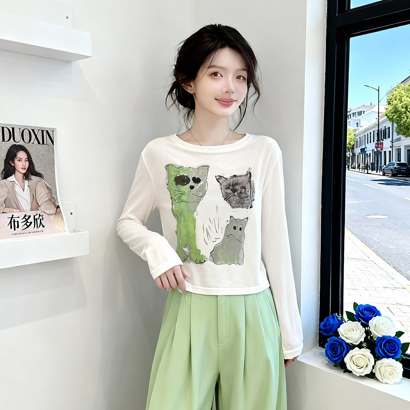 卡通猫咪印花长袖T恤女白色百搭休闲正肩内搭显瘦遮肉气质上衣女,女装/女士精品,大码内搭,淘宝优惠券,粉丝福利购,淘宝优惠卷