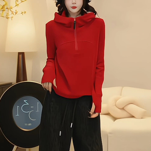 高品双面德绒连帽卫衣女冬季2024新款爆款宽松百搭半拉链打底帽衫