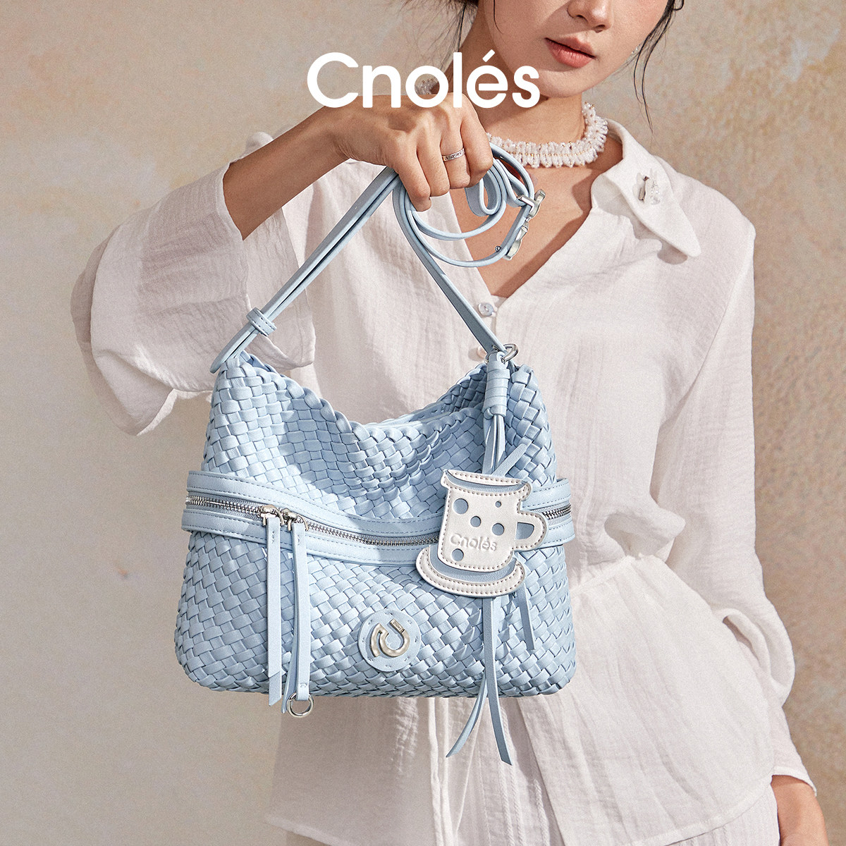 Cnoles蔻一屿柔包夏季编织包女新款托特包女大容量单肩包包女蓝色