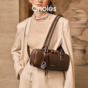 Cnoles蔻一烟岚包棕色保龄球包包女新款单肩腋下包高级感法棍包女