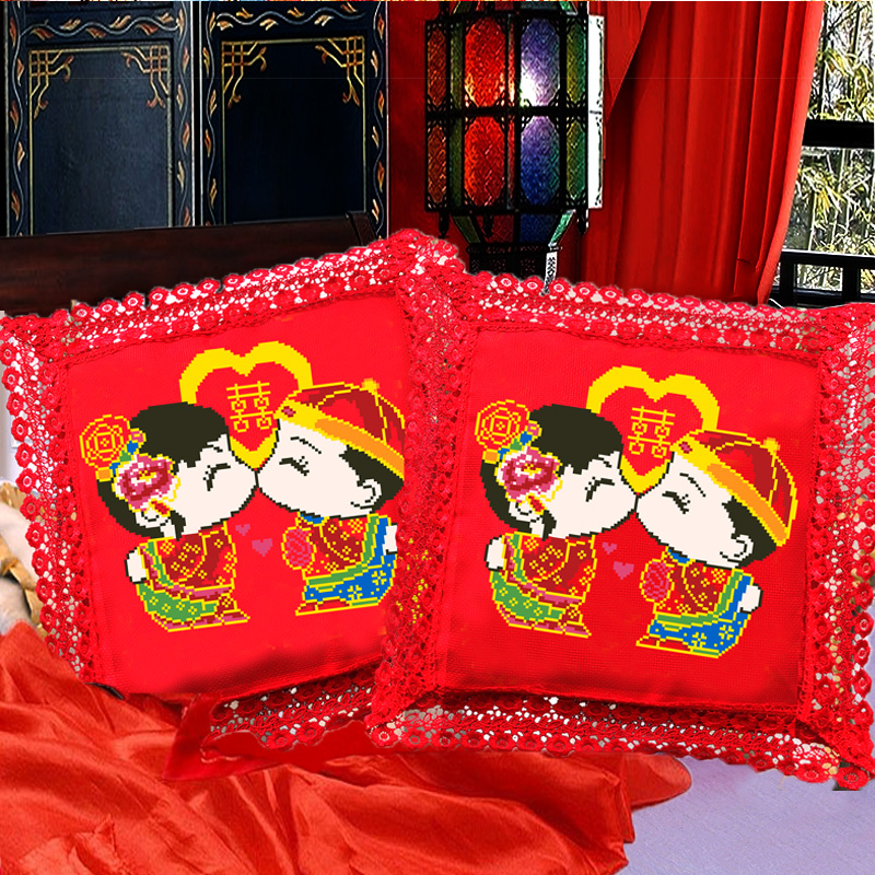 印花十字绣抱枕结婚喜庆一对送人卡通可爱情侣枕头沙发靠垫汽车