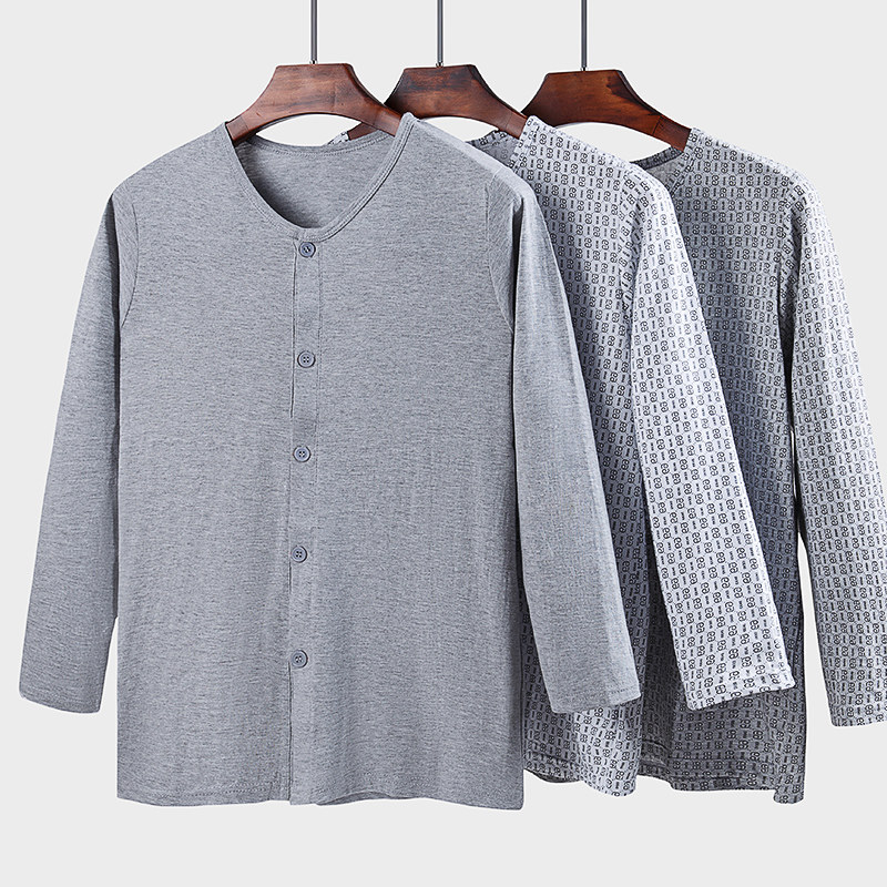 芬汀纯棉中老年人大码睡衣上衣单件长袖对襟宽松薄款男士开衫秋衣