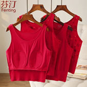 纯棉妈妈奶奶汗衫 老年人背心带胸垫一体红色本命年女内衣内裤 套装