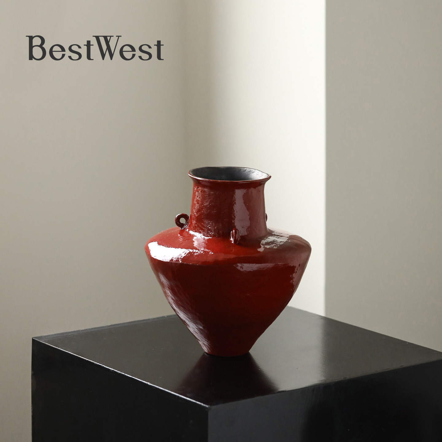 BEST WEST 赤韵 大丹陶瓷手作艺术花瓶手工拉胚复古侘寂双耳花器