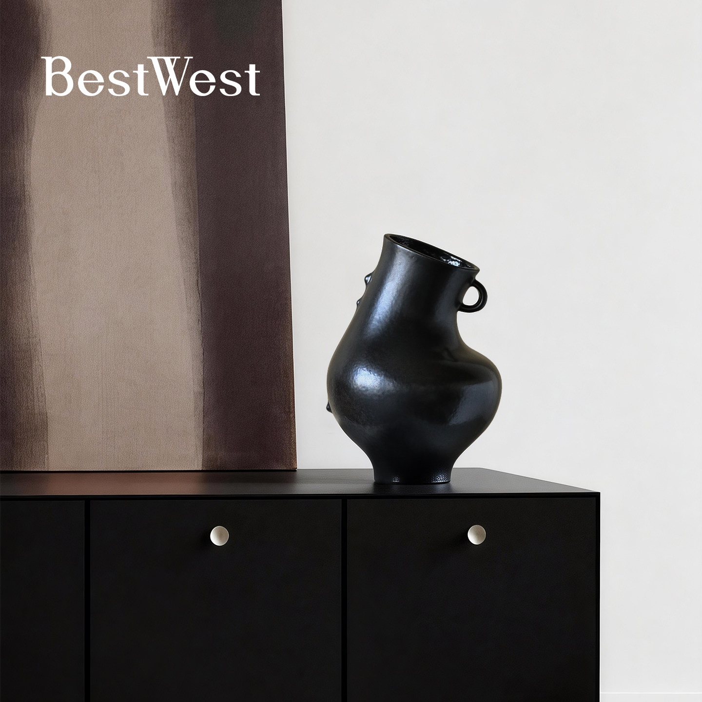 BEST WEST 博西侘寂风黑色陶瓷花瓶手工异形双耳艺术摆件客厅花器