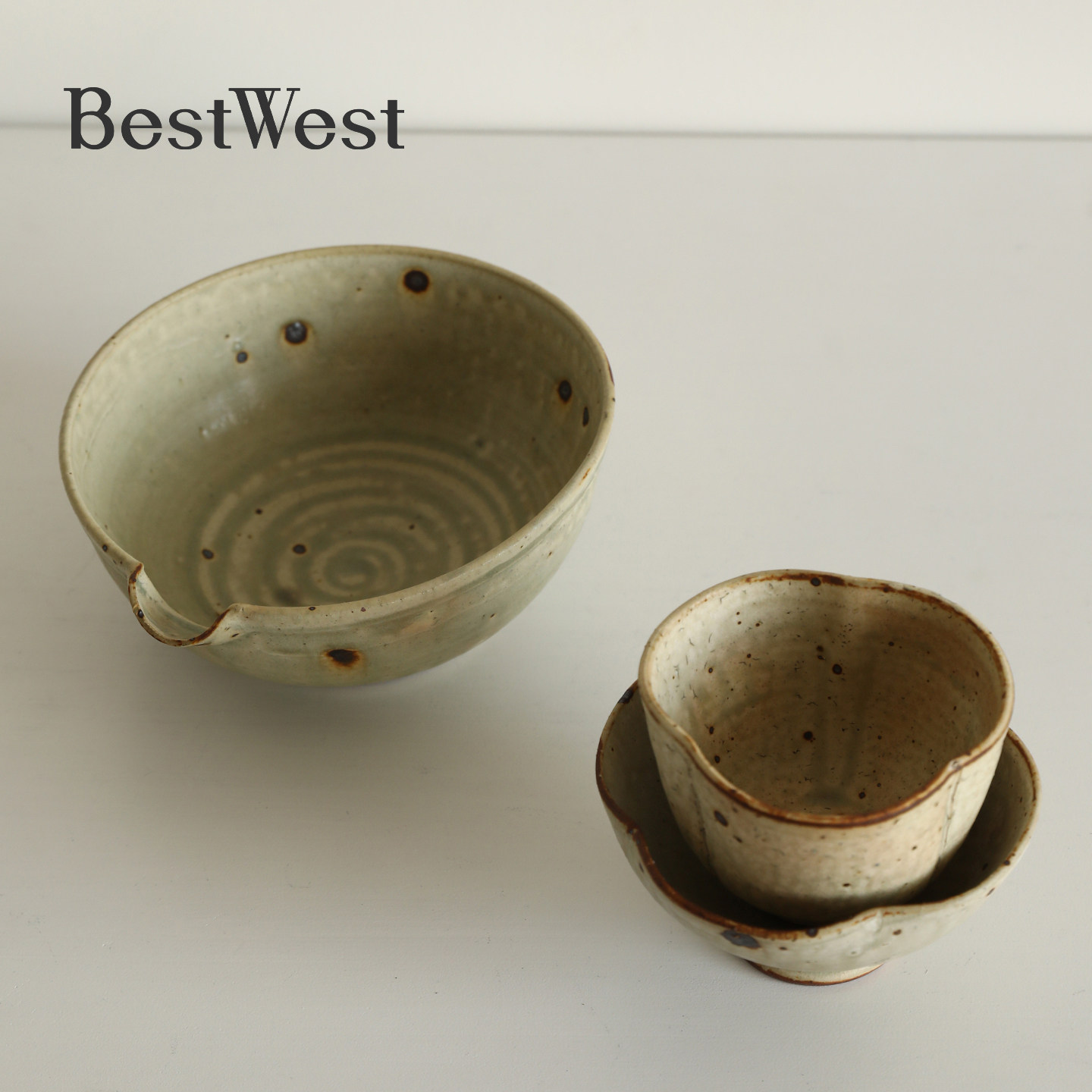 BEST WESTx阿沐 |复古手作青灰铁斑粗陶高足碗中式食器家用陶瓷碗