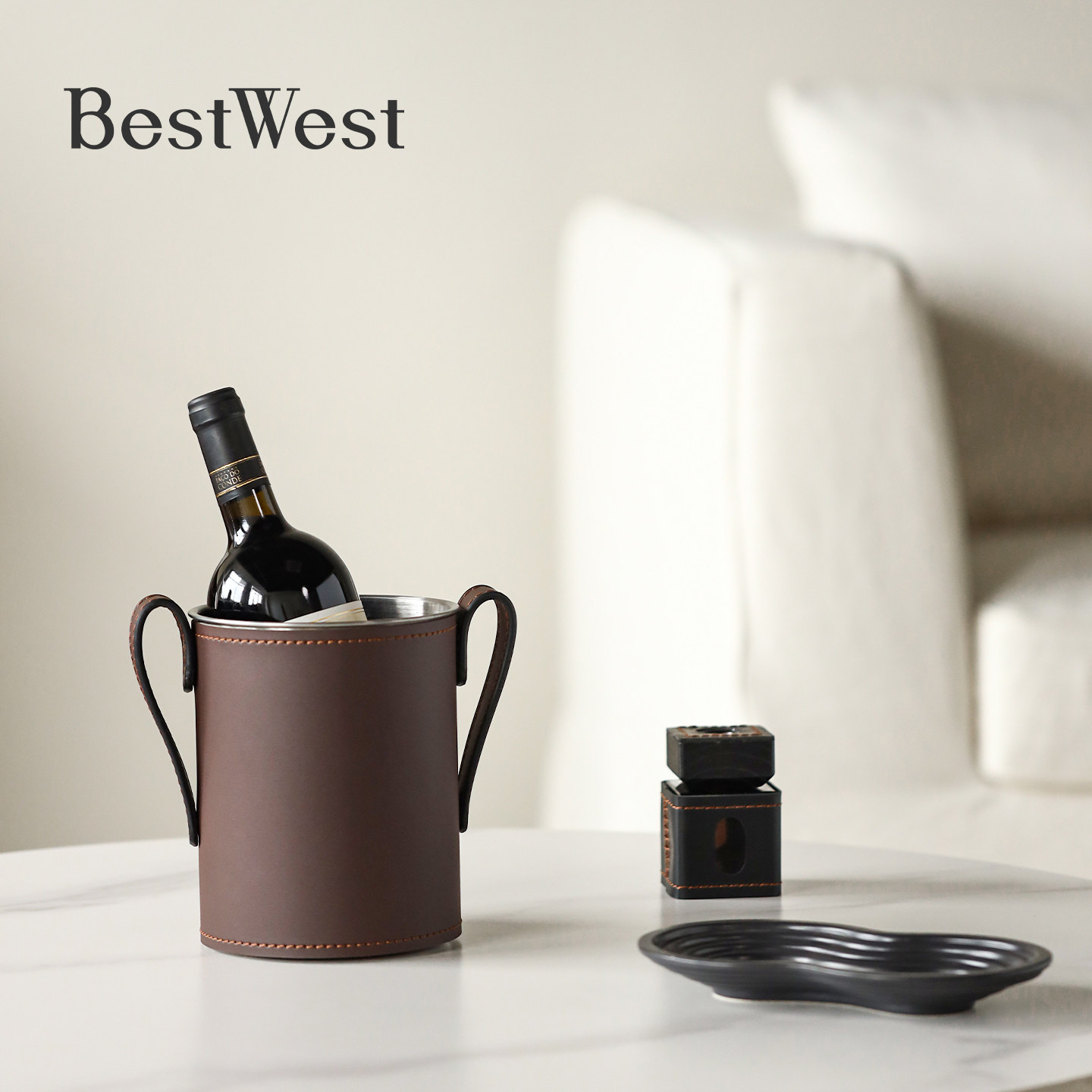 BEST WEST 轻奢皮革不锈钢冰桶家用酒柜高级感醒酒容器冰镇香槟桶