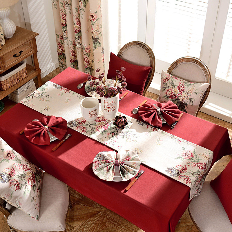 美式红色布艺桌布棉麻防水酒店西餐派对餐桌布婚庆台布长方形桌旗