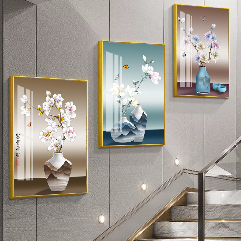 中式花瓶楼梯口间装饰画楼道三联挂画客厅玄关走廊复式过道墙壁画