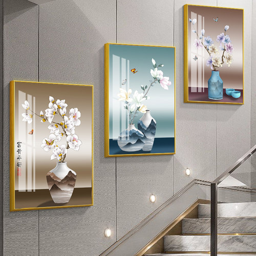 中式花瓶楼梯口间装饰画楼道三联挂画客厅玄关走廊复式过道墙壁画