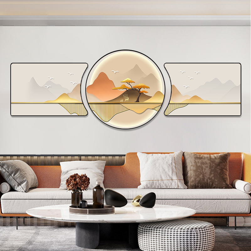 轻奢客厅装饰画三联沙发背景墙挂画高档山水麋鹿墙画创意异形挂画图片