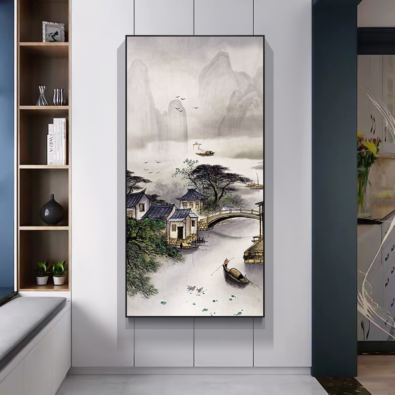 玄关装饰画竖版中式走廊过道壁画背景墙国风画国画山水画客厅挂画