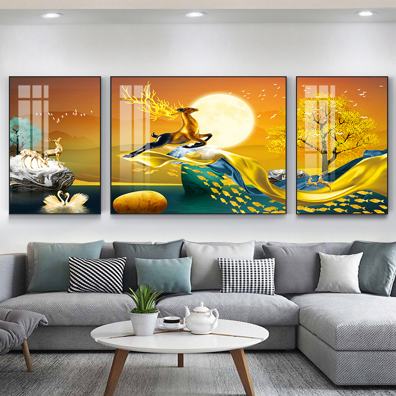 客厅装饰画沙发背景墙画壁画办公室挂画北欧晶瓷三联画大气轻奢画图片