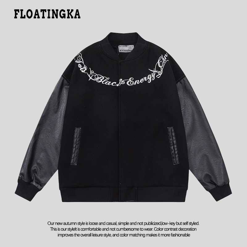 FLOATINGKA棒球领秋宽松PU皮拼接