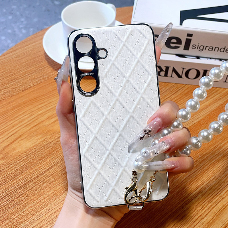 适用于三星s25手机壳新款s25ultra高级菱格皮质三星s25+轻奢电镀银边s25保护套珍珠手链s25ultra防摔保护套女